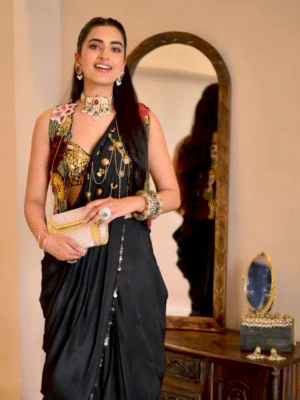 🌸 Bhavdeep Kaur in Vintage Lily Drape Saree with Bustier and Jacket – Contemporary Elegance Meets Timeless Charm 🌸