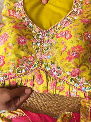 yellow color handwork kediya set with dupatta