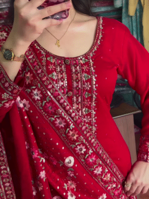 red colour heavy handwork kurta set with dupatta