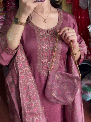 Pink Ethnic Motifs Printed Straight Sequinned Organza Kurta with Trousers & Dupatta