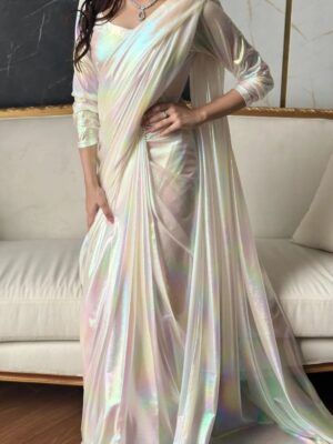 fancy satin white rainbow rfeady to wear saree