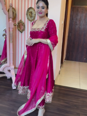 Graceful Rani Pink Color Chinon Embroidery Lace Work Gown