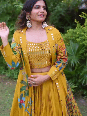 Desirable Yellow Embroidered Sharara Suit Set with Koti & Blouse for Women