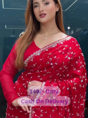 Scarlet Elegance: Heavy Georgette Saree With Embroidered Grandeur