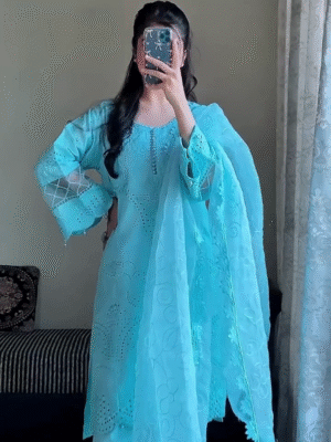 Drape Yourself In Luminous Elegance! This Sky Blue Embroidered Gharara Set