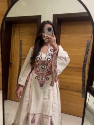 Regal Radiance – Off-White Shimmer Silk Tissue Pakistani Peplum & Bell Bottom Set | Glamour Meets Grace