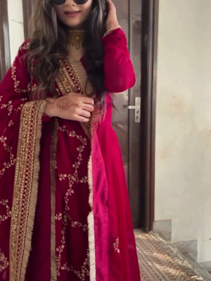 ✨ Elegance Personified – Embroidered Georgette Anarkali with Silk Bottoms