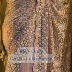 Peach Net Designer Saree With Embroidered Sleeveless Blouse – Elegant Party Wear