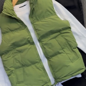 💚 Urban Explorer Look – Green Puffer Vest with White Long-Sleeve Shirt & Black Jeans 🖤