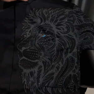 Majestic Roar – Black Lion Motif Long-Sleeve Shirt