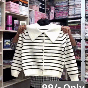 πΈ Chic Stripes Edit β Womenβs Striped Knit Cardigan with Classic Shirt Collar π«