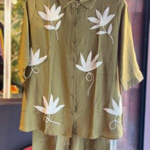 Olive Green Co-ord Set with White Leaf Embroidery