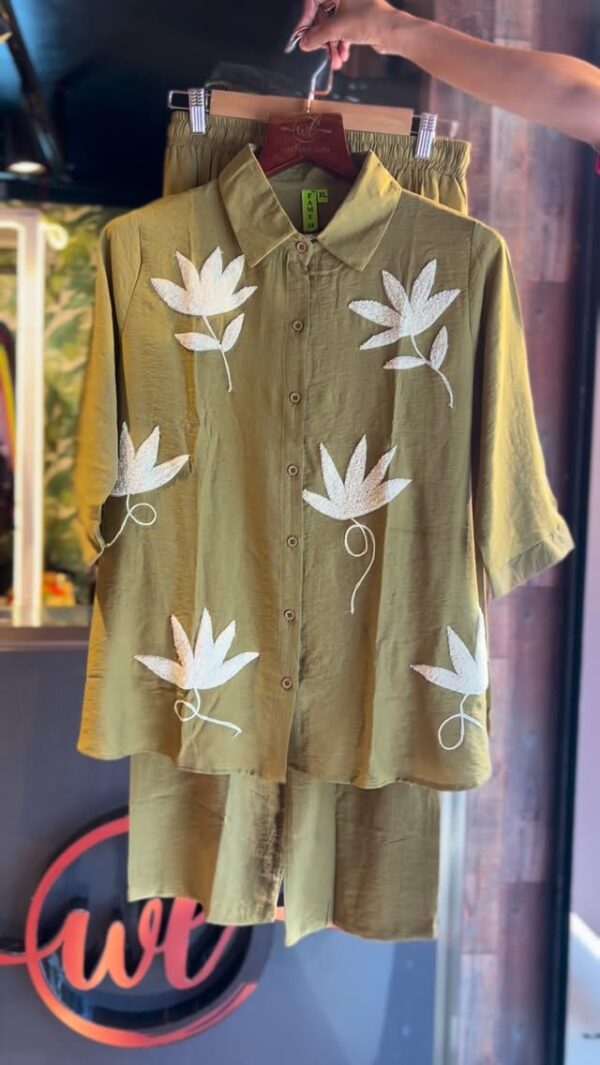 Olive Green Co-ord Set with White Leaf Embroidery