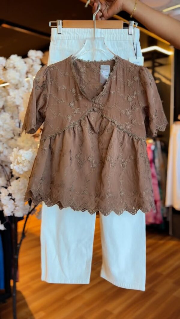 Dusty Brown Embroidered Jacket Sharara Set | Viscose Crepe & Organza