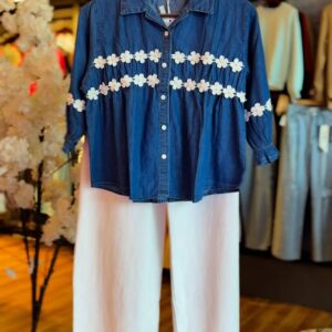 Blue Top with White Flowered Jeans | Stylish Casual 2-Piece Set