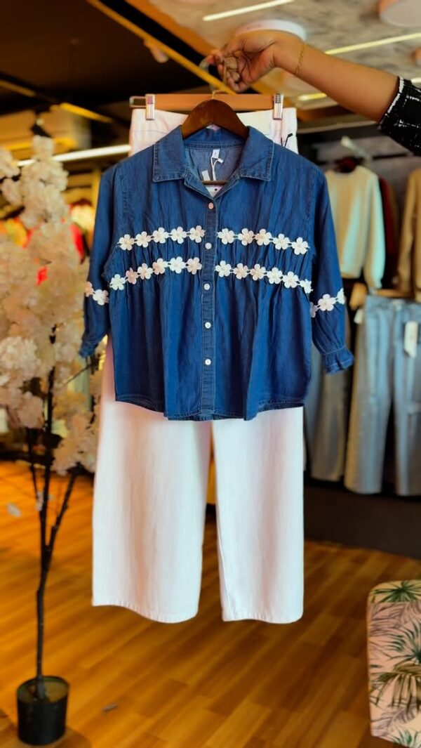 Blue Top with White Flowered Jeans | Stylish Casual 2-Piece Set