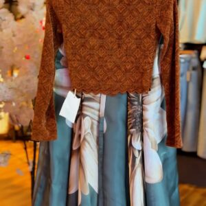 Rust Brown Textured Top with Teal Floral Skirt | Stylish 2-Piece Set