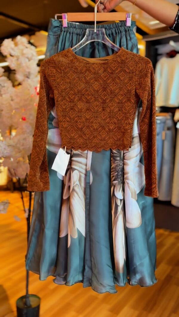 Rust Brown Textured Top with Teal Floral Skirt | Stylish 2-Piece Set