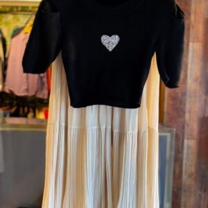 Black Ribbed Crop Top with Heart & Pleated Beige Midi Skirt Set π€β¨