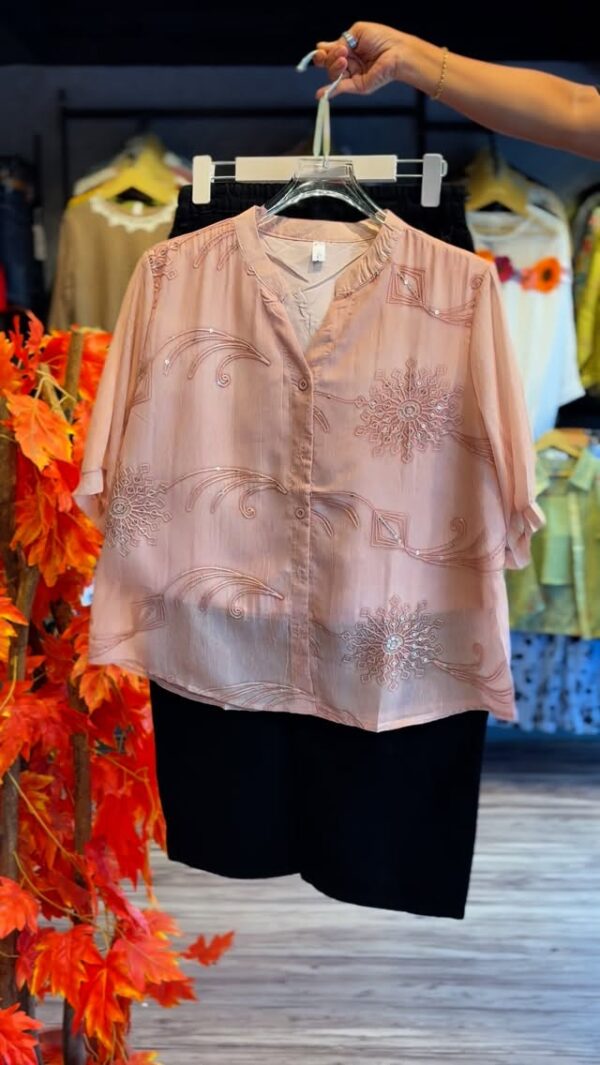 Embellished Orange Button-Down Top with Black Pants Set 🖤✨
