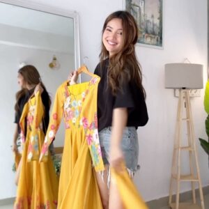 ๐ Yellow Organza Silk Floral Anarkali | Elegant Flowing Festive Wear ๐