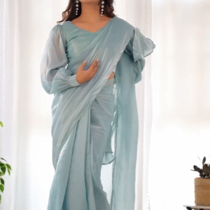 💎 Sky Blue Premium Jimmy Choo Organza Ruffle Saree | Ready-to-Wear with Stitched Blouse 💎