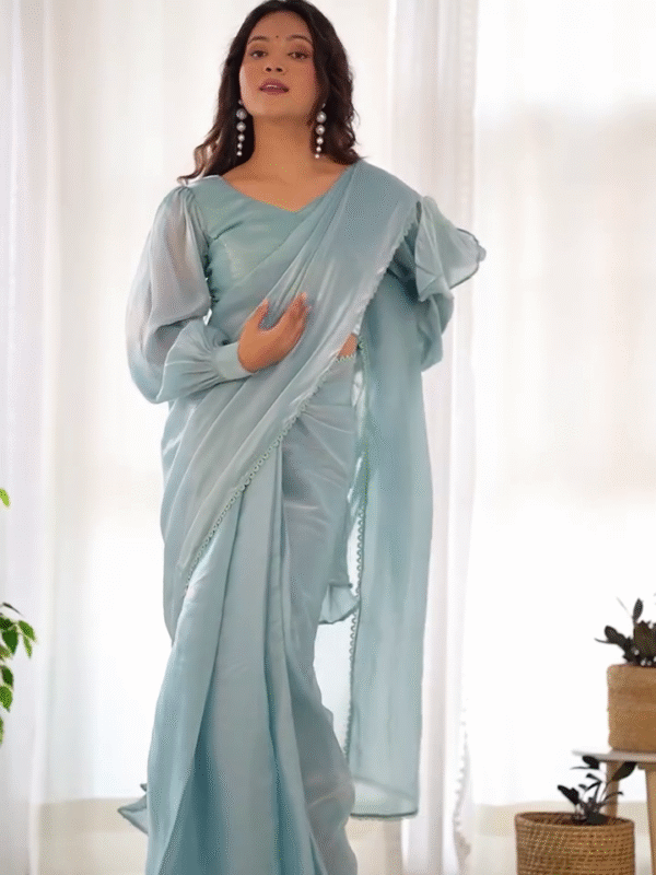 💎 Sky Blue Premium Jimmy Choo Organza Ruffle Saree | Ready-to-Wear with Stitched Blouse 💎