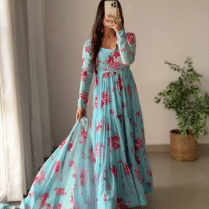🩵 Summer Special Floral Ruffle Anarkali Set | Soft Georgette with Elegant Lace 🌸