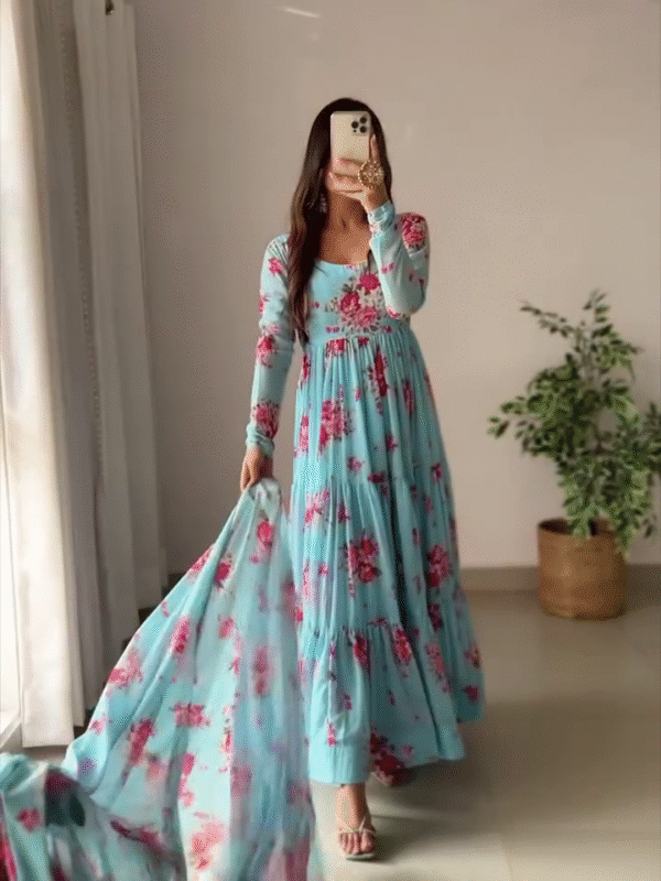 🩵 Summer Special Floral Ruffle Anarkali Set | Soft Georgette with Elegant Lace 🌸