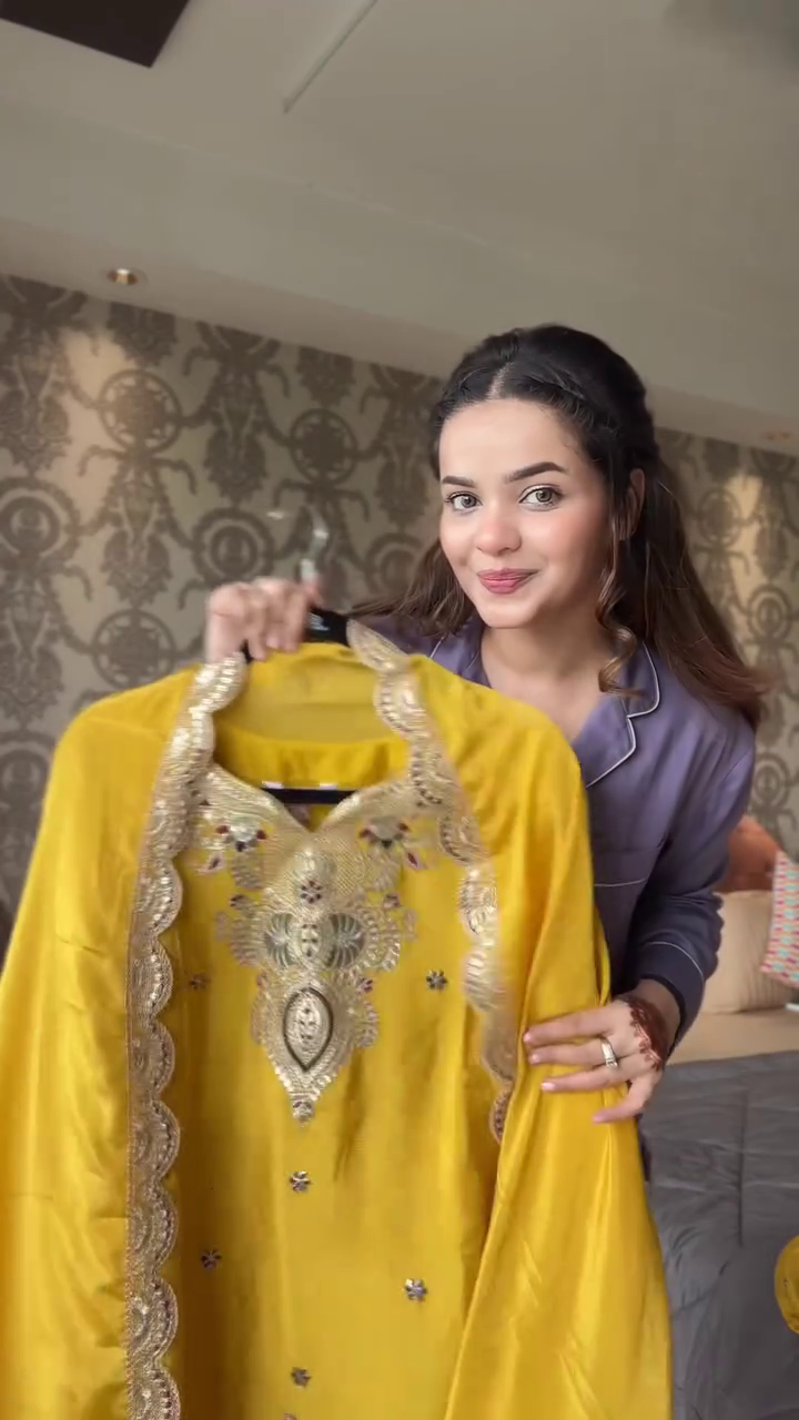 Women’s Yellow Chinon Embroidered Kurta Palazzo Set | Full Sleeve Top, Bottom, and Dupatta Ensemble