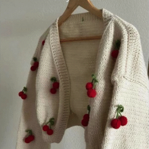 🍒 Women's Crochet Knit Cardigan – Cherry Embellished & Cozy Chic ✨