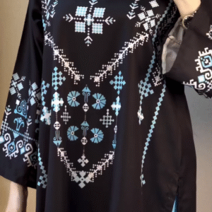 🖤🤍 Black & White Embroidered Tunic with Blue Accents – A Timeless Blend of Elegance & Modern Charm 💙
