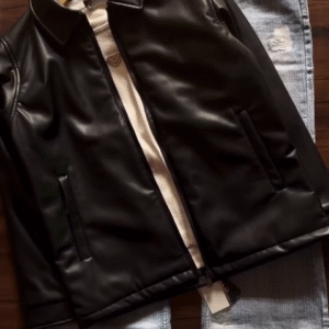 Urban Edge with Iconic Attitude – Black Faux Leather Jacket & Diesel Light Wash Denim