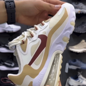 Modern Comfort Meets Elevated Style – Nike Air Max 270 React in Beige, Tan, White & Maroon