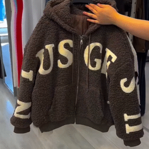 Cozy Meets Casual – Brown Zip-Up Teddy/Sherpa Hoodie with “US GP” Lettering