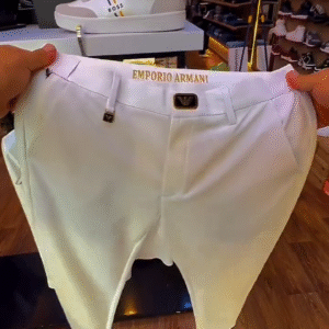 Luxury Refined – White Emporio Armani Trousers with Gold Logo & BOSS White Long-Sleeve Shirt