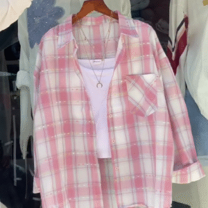 Casual Chic – Pink & White Checked Overshirt with White Tank Top