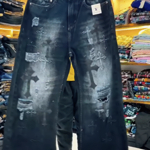 Bold Edge – Men’s Black Distressed Baggy Denim Jeans with Cross Motif
