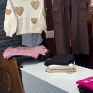 Chic & Playful – White Knit Sweater with Heart Appliques and Brown Cargo Pants